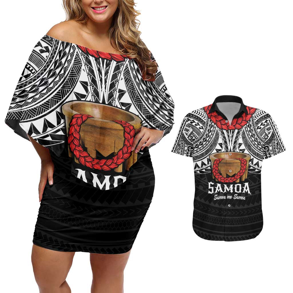 Samoan Tanoa Kava Bowl Ula Fala Couples Matching Off Shoulder Short Dress and Hawaiian Shirt Polynesian Tribal Vibe