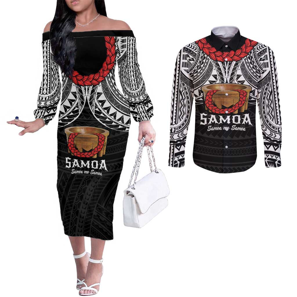 Samoan Tanoa Kava Bowl Ula Fala Couples Matching Off The Shoulder Long Sleeve Dress and Long Sleeve Button Shirt Polynesian Tribal Vibe