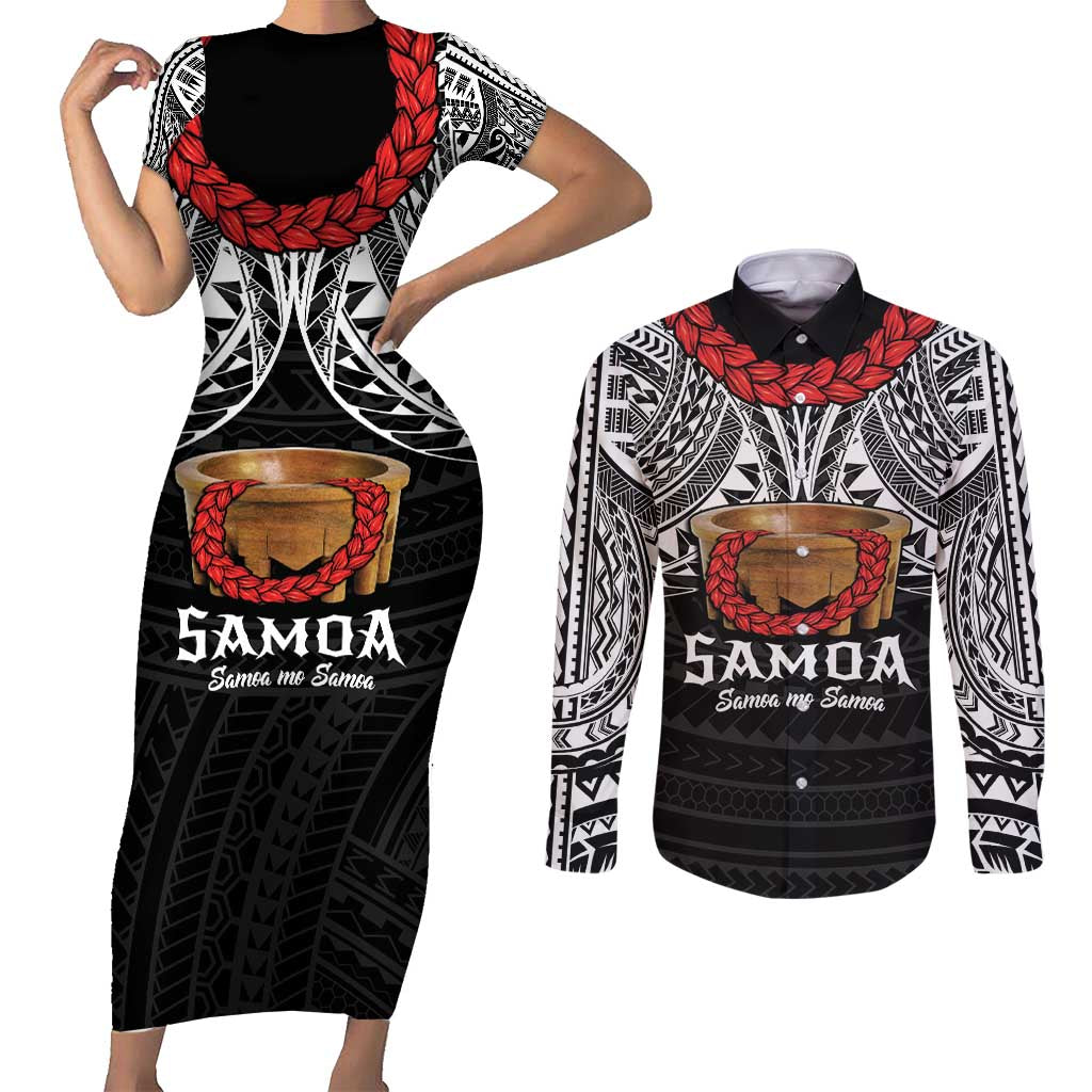 Samoan Tanoa Kava Bowl Ula Fala Couples Matching Short Sleeve Bodycon Dress and Long Sleeve Button Shirt Polynesian Tribal Vibe