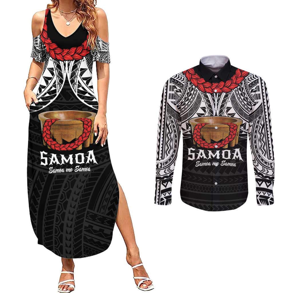 Samoan Tanoa Kava Bowl Ula Fala Couples Matching Summer Maxi Dress and Long Sleeve Button Shirt Polynesian Tribal Vibe