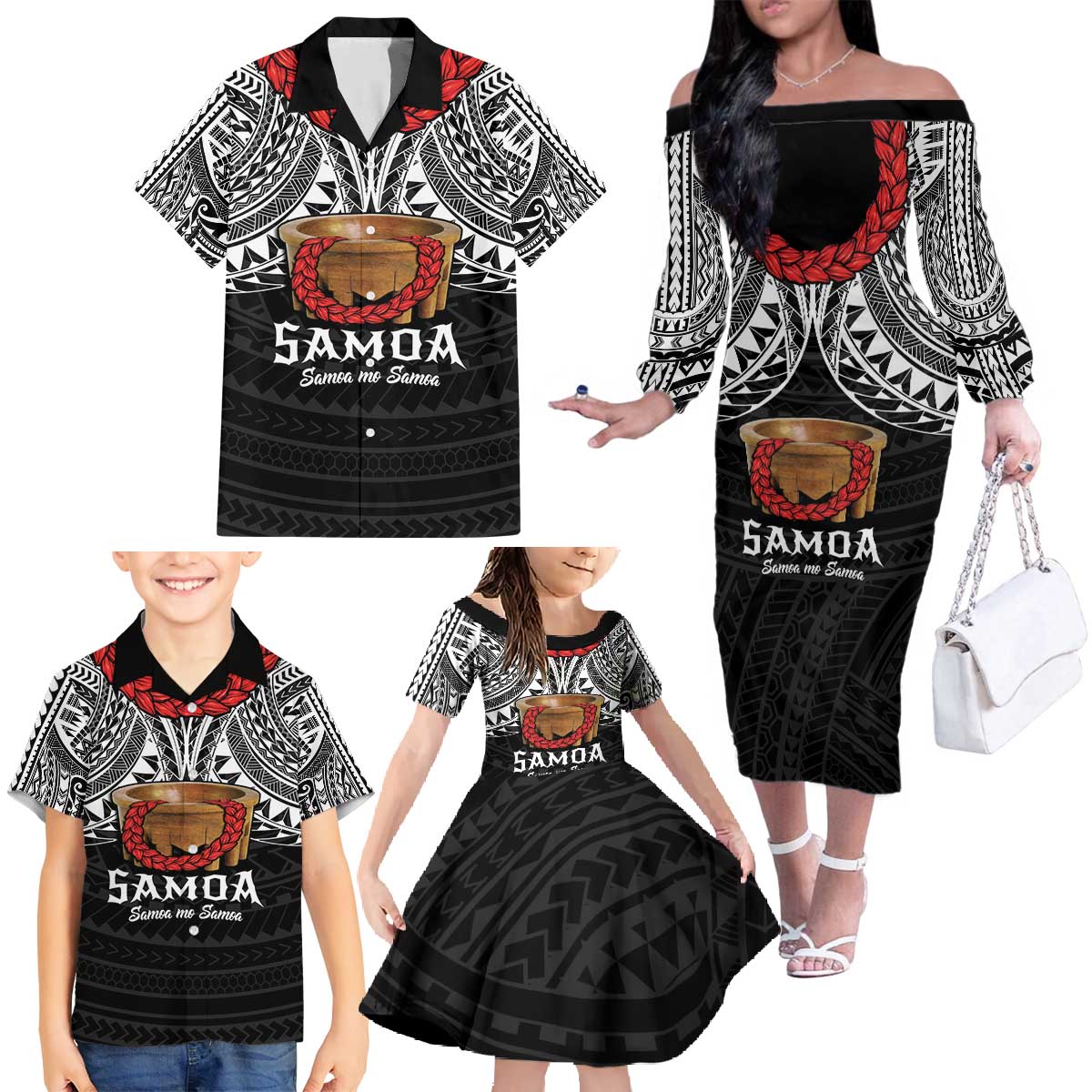 Samoan Tanoa Kava Bowl Ula Fala Family Matching Off The Shoulder Long Sleeve Dress and Hawaiian Shirt Polynesian Tribal Vibe LT9 - Polynesian Pride