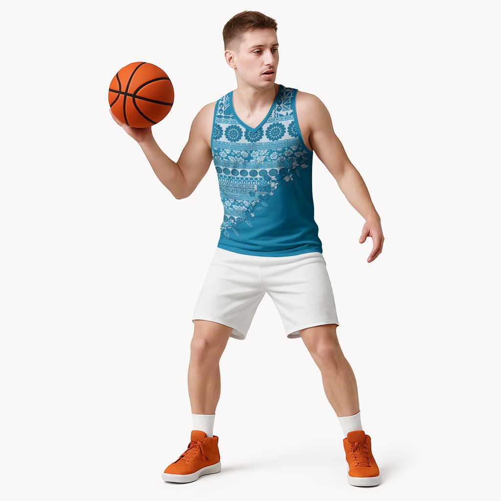 Fiji Marau na Kerisimasi Basketball Jersey Aqua Tagimoucia Tapa Masi Tribal - Polynesian Pride