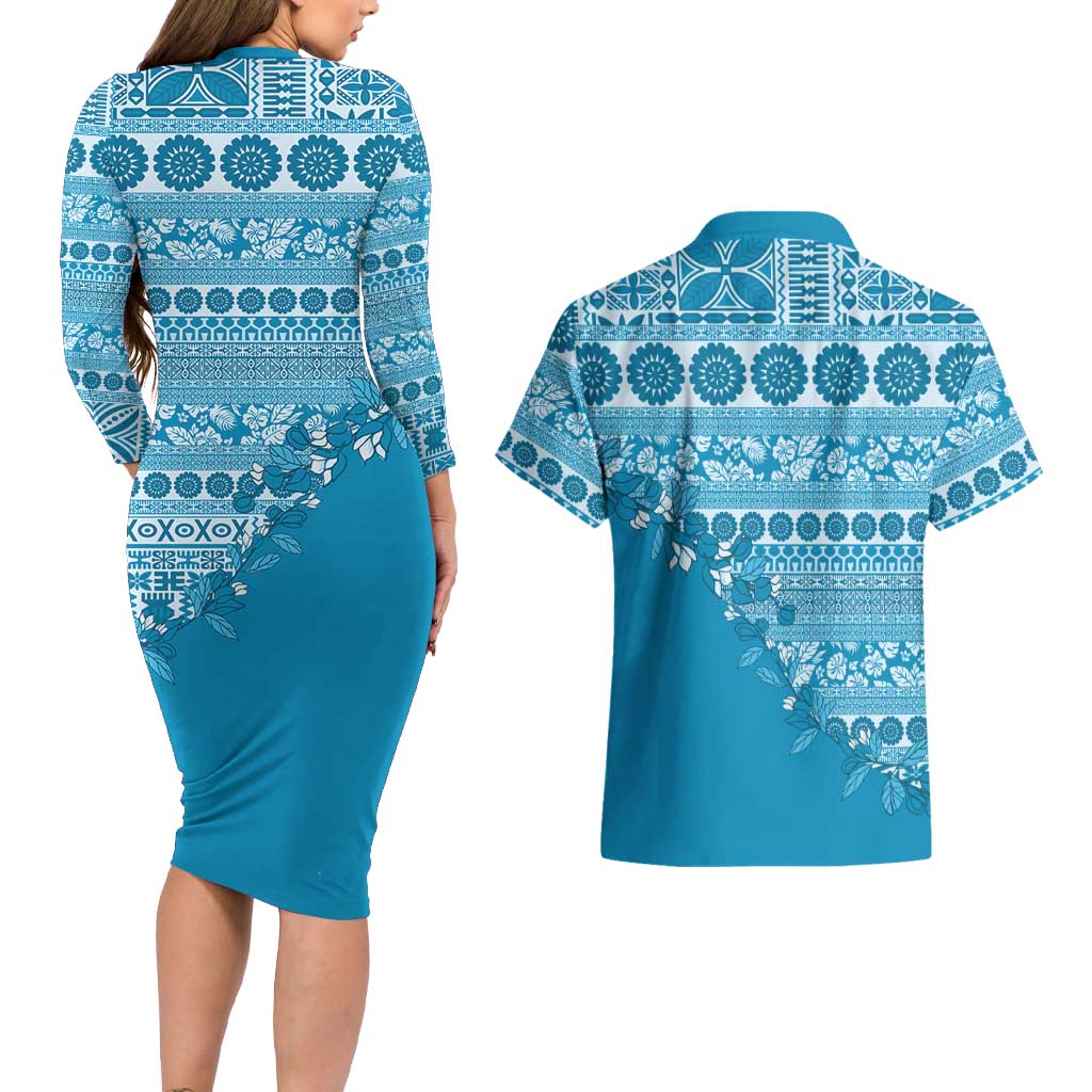 Fiji Marau na Kerisimasi Couples Matching Long Sleeve Bodycon Dress and Hawaiian Shirt Aqua Tagimoucia Tapa Masi Tribal LT9 - Polynesian Pride