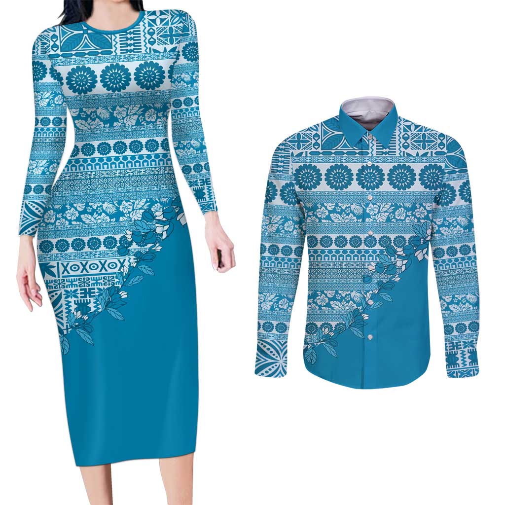 Fiji Marau na Kerisimasi Couples Matching Long Sleeve Bodycon Dress and Long Sleeve Button Shirt Aqua Tagimoucia Tapa Masi Tribal LT9 Aqua - Polynesian Pride