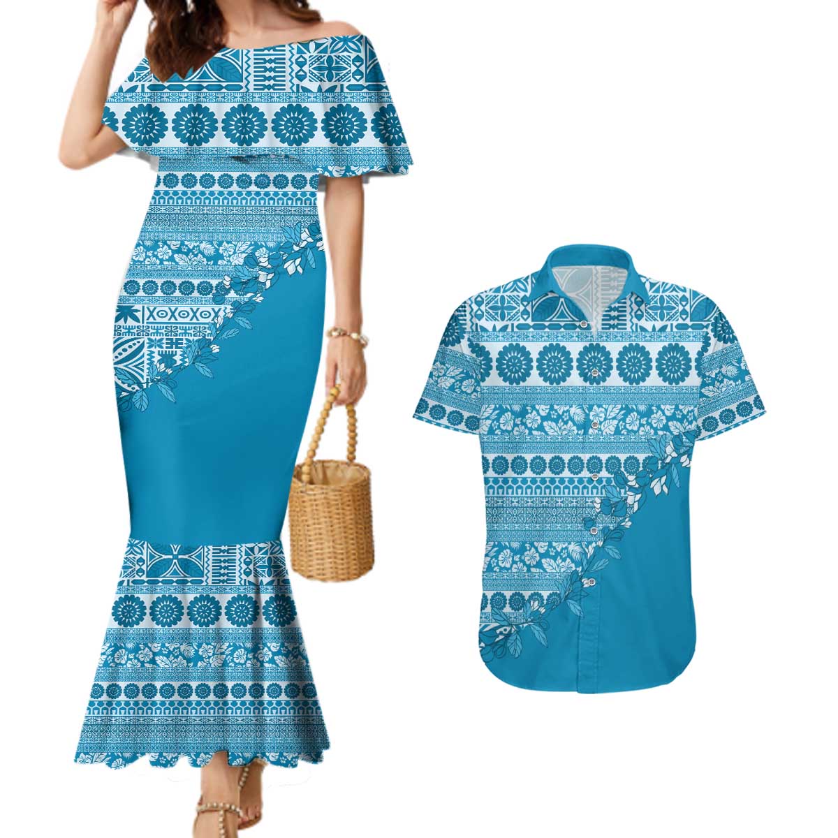 Fiji Marau na Kerisimasi Couples Matching Mermaid Dress and Hawaiian Shirt Aqua Tagimoucia Tapa Masi Tribal - Polynesian Pride
