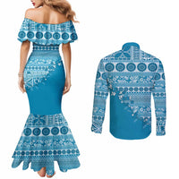 Fiji Marau na Kerisimasi Couples Matching Mermaid Dress and Long Sleeve Button Shirt Aqua Tagimoucia Tapa Masi Tribal LT9 - Polynesian Pride
