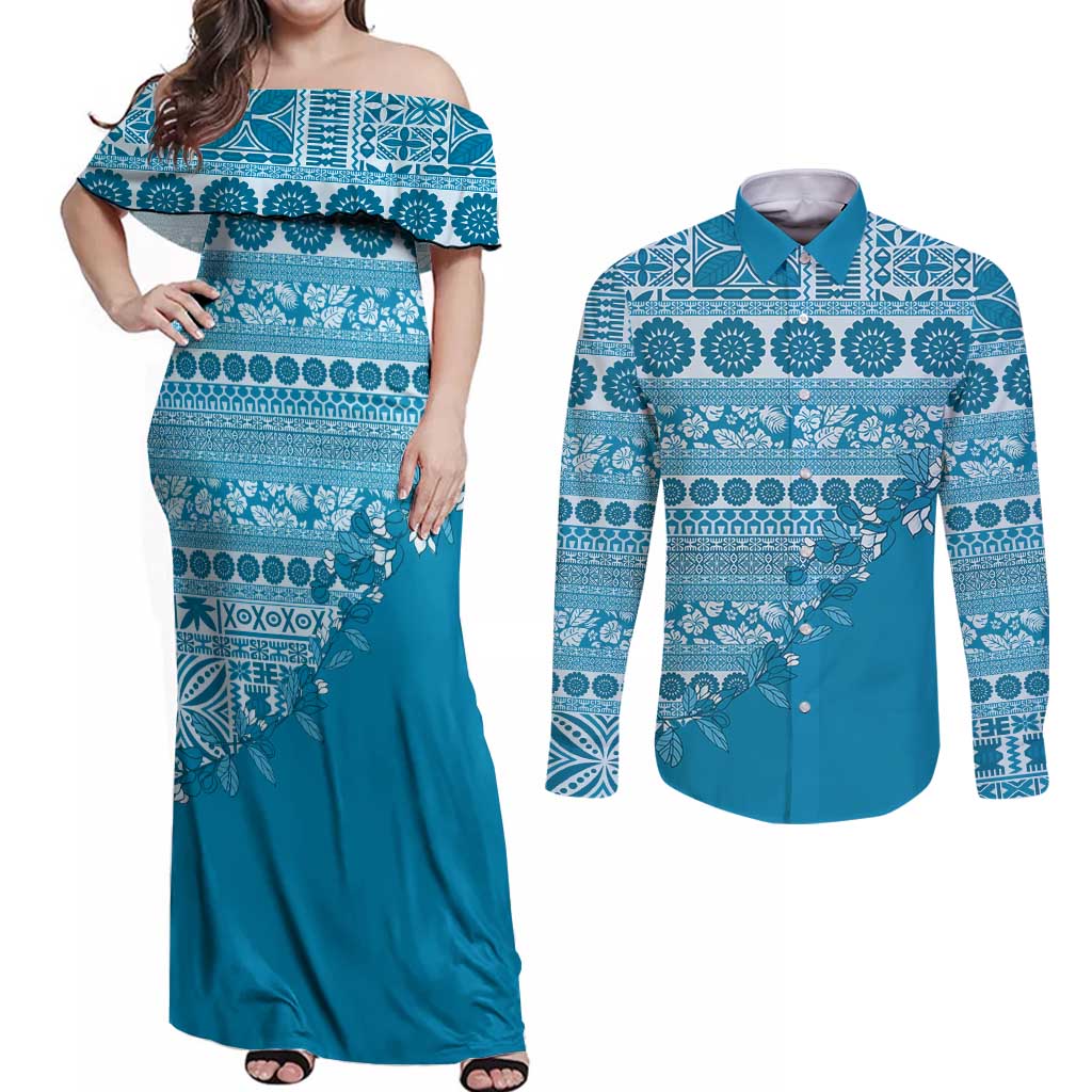 Fiji Marau na Kerisimasi Couples Matching Off Shoulder Maxi Dress and Long Sleeve Button Shirt Aqua Tagimoucia Tapa Masi Tribal LT9 Aqua - Polynesian Pride