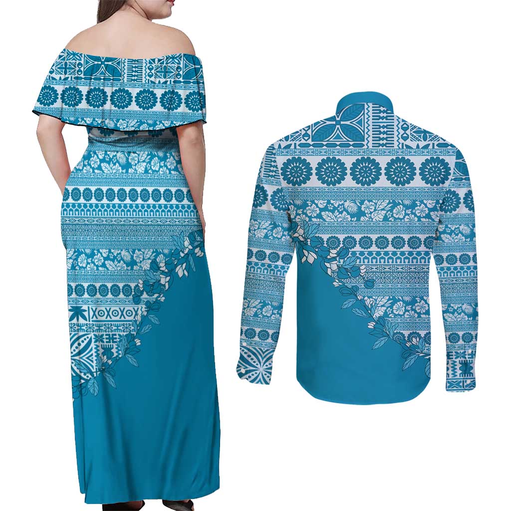Fiji Marau na Kerisimasi Couples Matching Off Shoulder Maxi Dress and Long Sleeve Button Shirt Aqua Tagimoucia Tapa Masi Tribal LT9 - Polynesian Pride