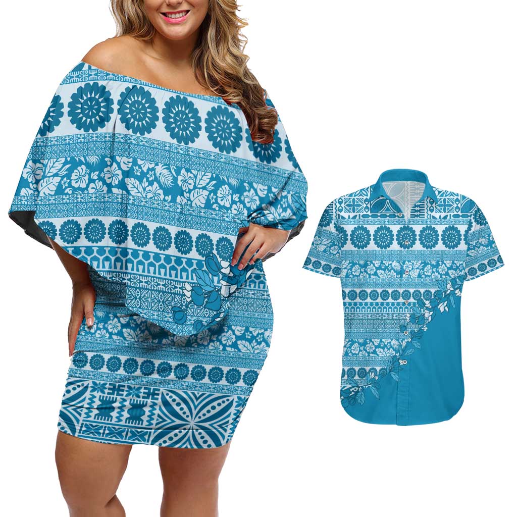 Fiji Marau na Kerisimasi Couples Matching Off Shoulder Short Dress and Hawaiian Shirt Aqua Tagimoucia Tapa Masi Tribal LT9 Aqua - Polynesian Pride
