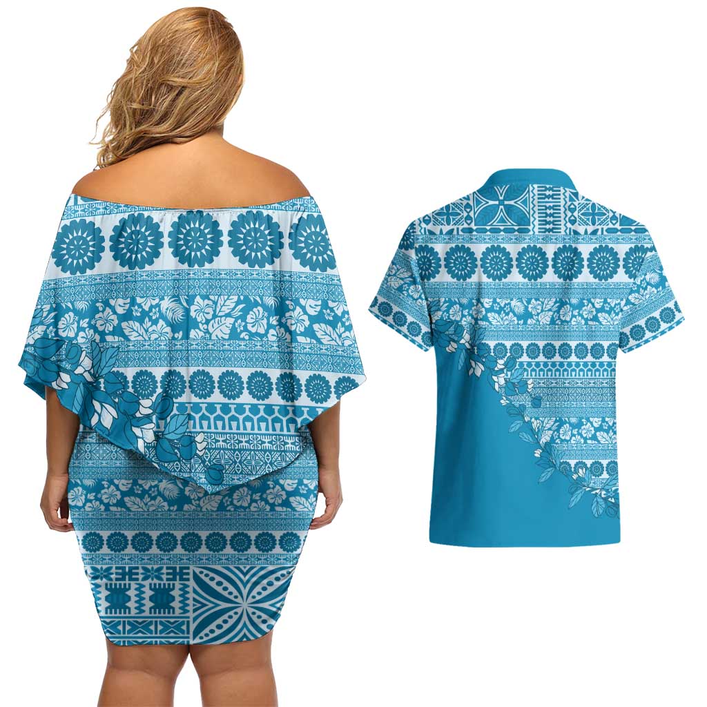 Fiji Marau na Kerisimasi Couples Matching Off Shoulder Short Dress and Hawaiian Shirt Aqua Tagimoucia Tapa Masi Tribal LT9 - Polynesian Pride