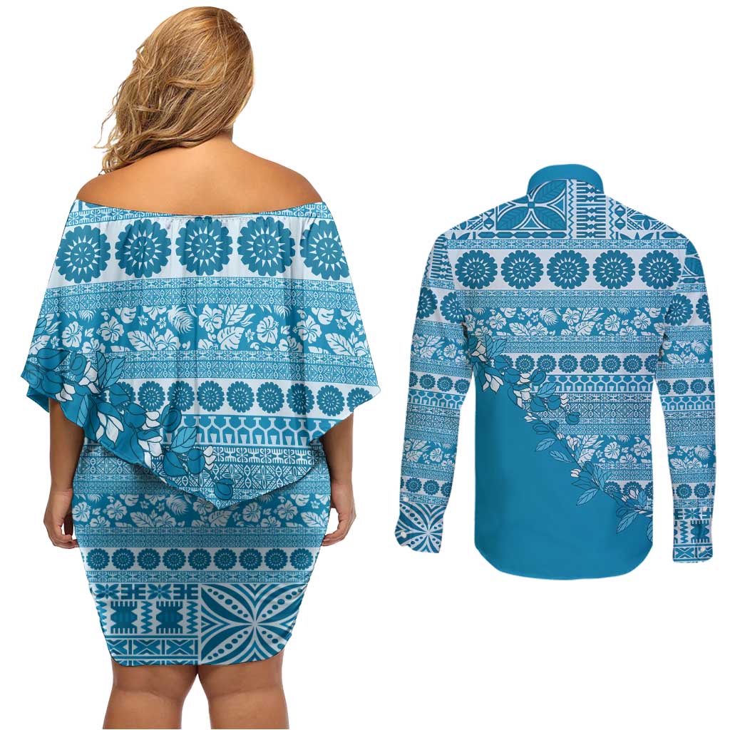 Fiji Marau na Kerisimasi Couples Matching Off Shoulder Short Dress and Long Sleeve Button Shirt Aqua Tagimoucia Tapa Masi Tribal LT9 - Polynesian Pride
