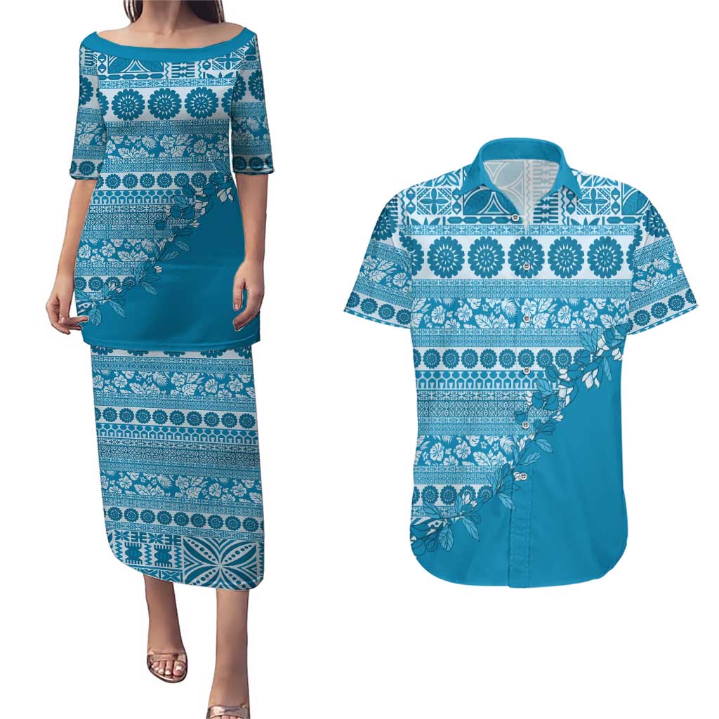 Fiji Marau na Kerisimasi Couples Matching Puletasi and Hawaiian Shirt Aqua Tagimoucia Tapa Masi Tribal LT9 Aqua - Polynesian Pride