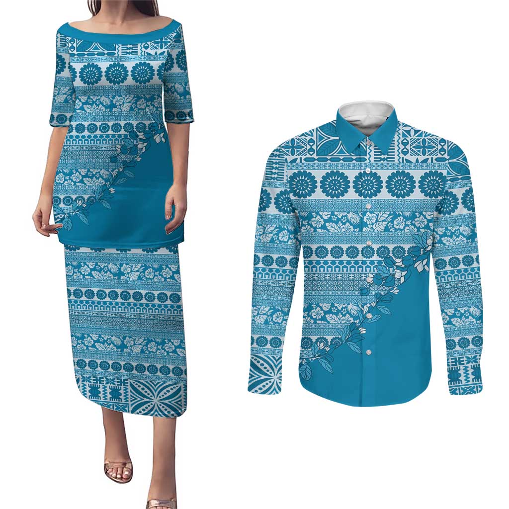 Fiji Marau na Kerisimasi Couples Matching Puletasi and Long Sleeve Button Shirt Aqua Tagimoucia Tapa Masi Tribal LT9 Aqua - Polynesian Pride