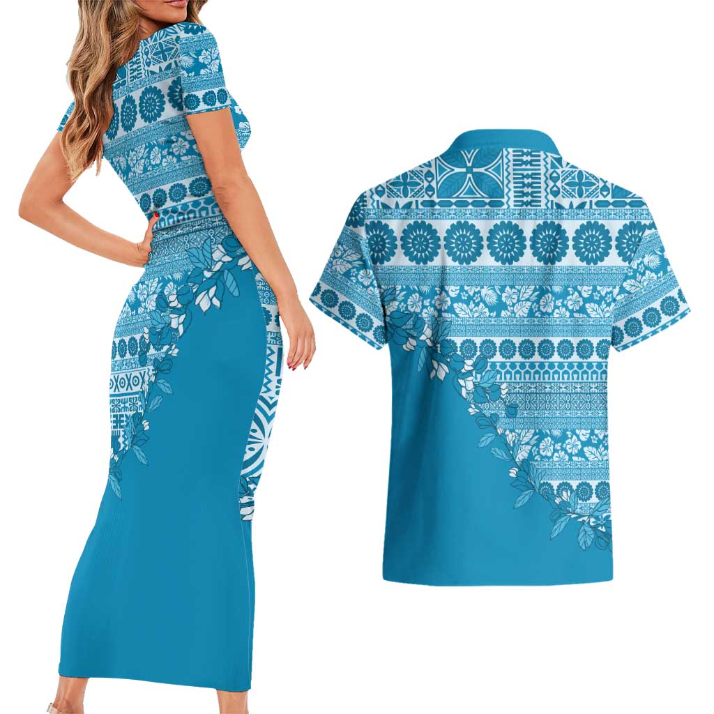 Fiji Marau na Kerisimasi Couples Matching Short Sleeve Bodycon Dress and Hawaiian Shirt Aqua Tagimoucia Tapa Masi Tribal LT9 - Polynesian Pride