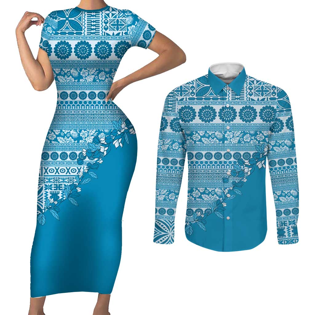 Fiji Marau na Kerisimasi Couples Matching Short Sleeve Bodycon Dress and Long Sleeve Button Shirt Aqua Tagimoucia Tapa Masi Tribal - Polynesian Pride
