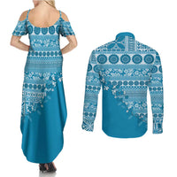 Fiji Marau na Kerisimasi Couples Matching Summer Maxi Dress and Long Sleeve Button Shirt Aqua Tagimoucia Tapa Masi Tribal LT9 - Polynesian Pride