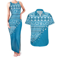 Fiji Marau na Kerisimasi Couples Matching Tank Maxi Dress and Hawaiian Shirt Aqua Tagimoucia Tapa Masi Tribal LT9 Aqua - Polynesian Pride