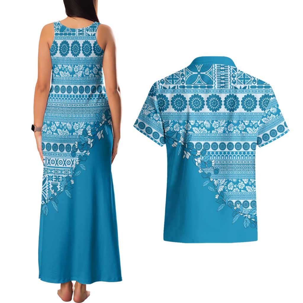 Fiji Marau na Kerisimasi Couples Matching Tank Maxi Dress and Hawaiian Shirt Aqua Tagimoucia Tapa Masi Tribal LT9 - Polynesian Pride