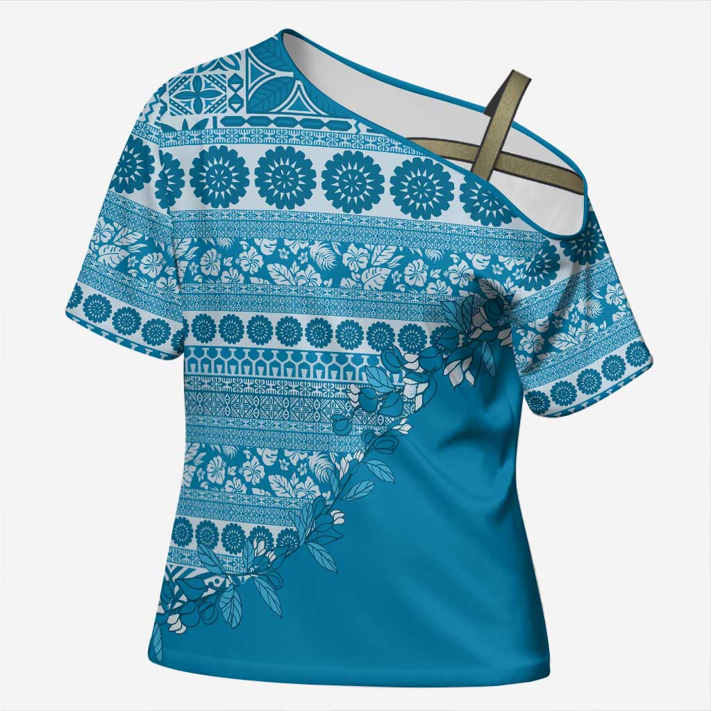 Fiji Marau na Kerisimasi Cross Shoulder Shirt Aqua Tagimoucia Tapa Masi Tribal - Polynesian Pride