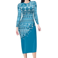 Fiji Marau na Kerisimasi Family Matching Long Sleeve Bodycon Dress and Hawaiian Shirt Aqua Tagimoucia Tapa Masi Tribal LT9 Mom's Dress Aqua - Polynesian Pride