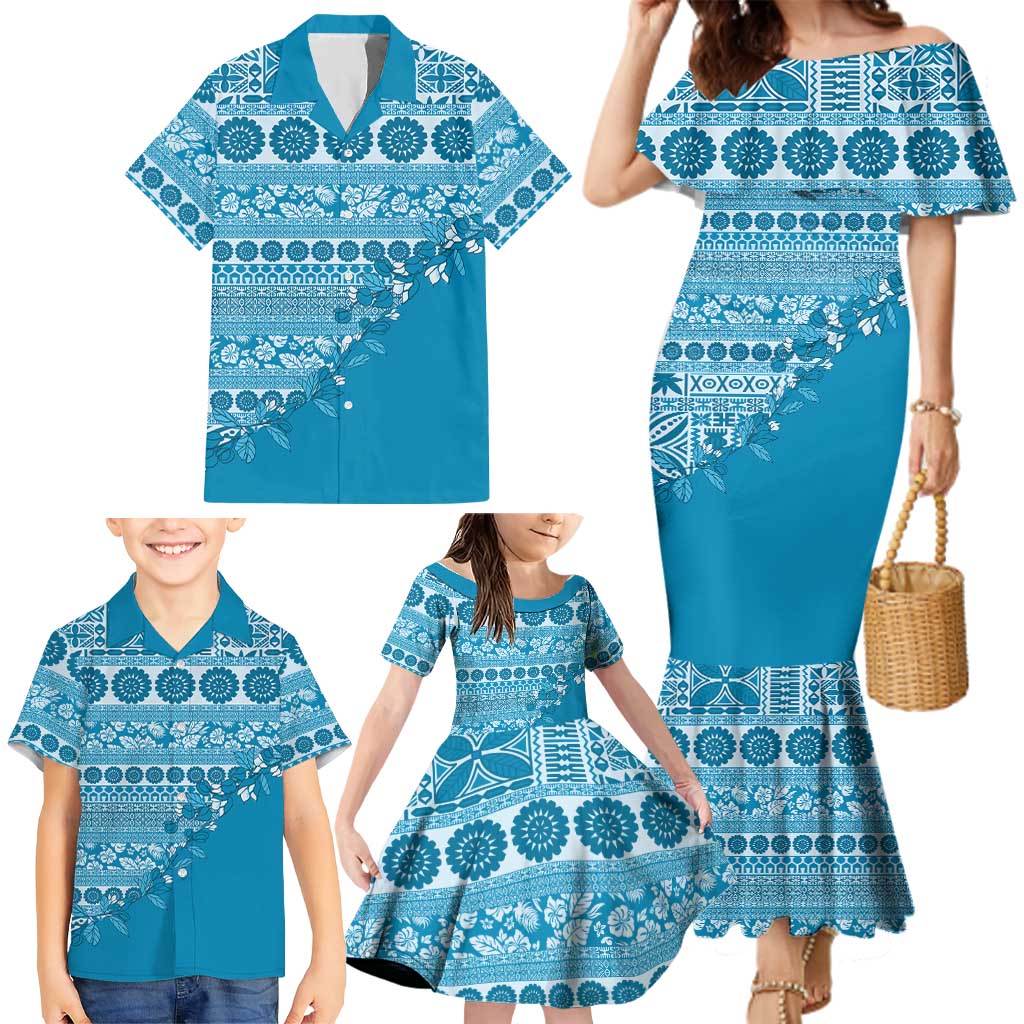 Fiji Marau na Kerisimasi Family Matching Mermaid Dress and Hawaiian Shirt Aqua Tagimoucia Tapa Masi Tribal - Polynesian Pride