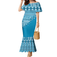 Fiji Marau na Kerisimasi Family Matching Mermaid Dress and Hawaiian Shirt Aqua Tagimoucia Tapa Masi Tribal LT9 Mom's Dress Aqua - Polynesian Pride