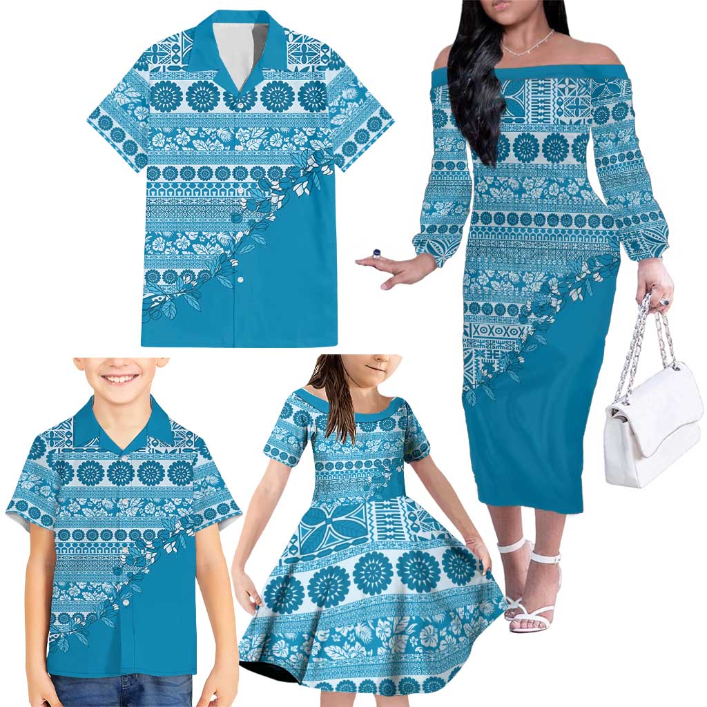 Fiji Marau na Kerisimasi Family Matching Off The Shoulder Long Sleeve Dress and Hawaiian Shirt Aqua Tagimoucia Tapa Masi Tribal - Polynesian Pride