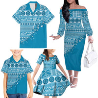 Fiji Marau na Kerisimasi Family Matching Off The Shoulder Long Sleeve Dress and Hawaiian Shirt Aqua Tagimoucia Tapa Masi Tribal LT9 - Polynesian Pride
