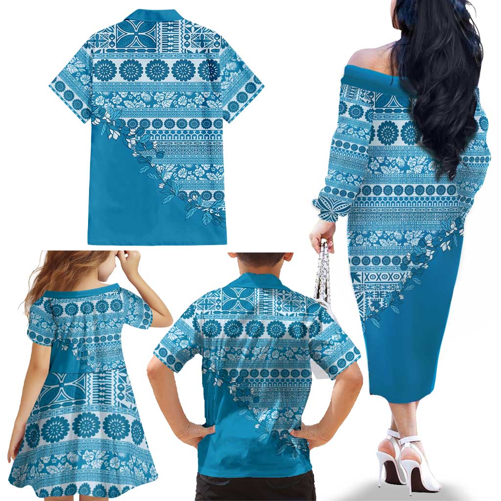 Fiji Marau na Kerisimasi Family Matching Off The Shoulder Long Sleeve Dress and Hawaiian Shirt Aqua Tagimoucia Tapa Masi Tribal LT9 - Polynesian Pride