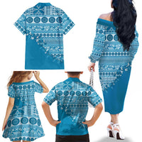 Fiji Marau na Kerisimasi Family Matching Off The Shoulder Long Sleeve Dress and Hawaiian Shirt Aqua Tagimoucia Tapa Masi Tribal LT9 - Polynesian Pride