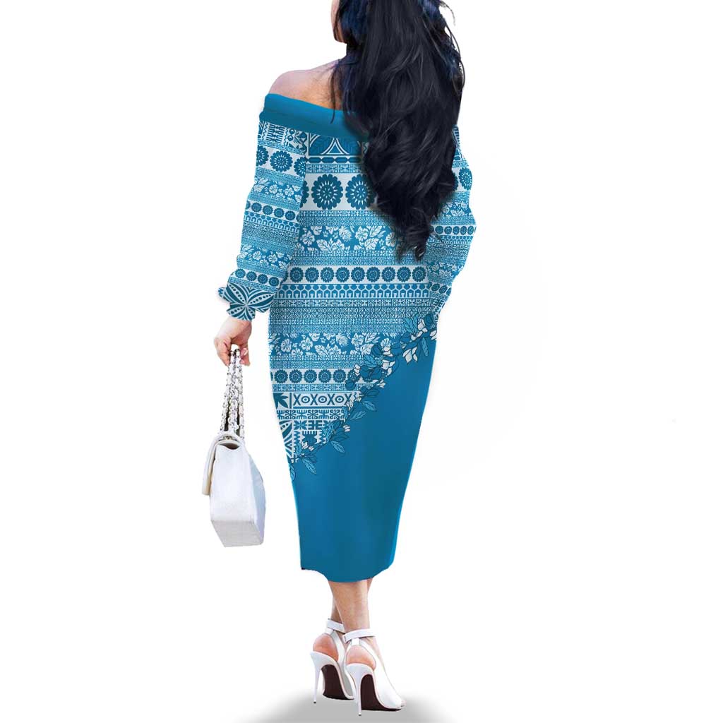 Fiji Marau na Kerisimasi Family Matching Off The Shoulder Long Sleeve Dress and Hawaiian Shirt Aqua Tagimoucia Tapa Masi Tribal LT9 - Polynesian Pride