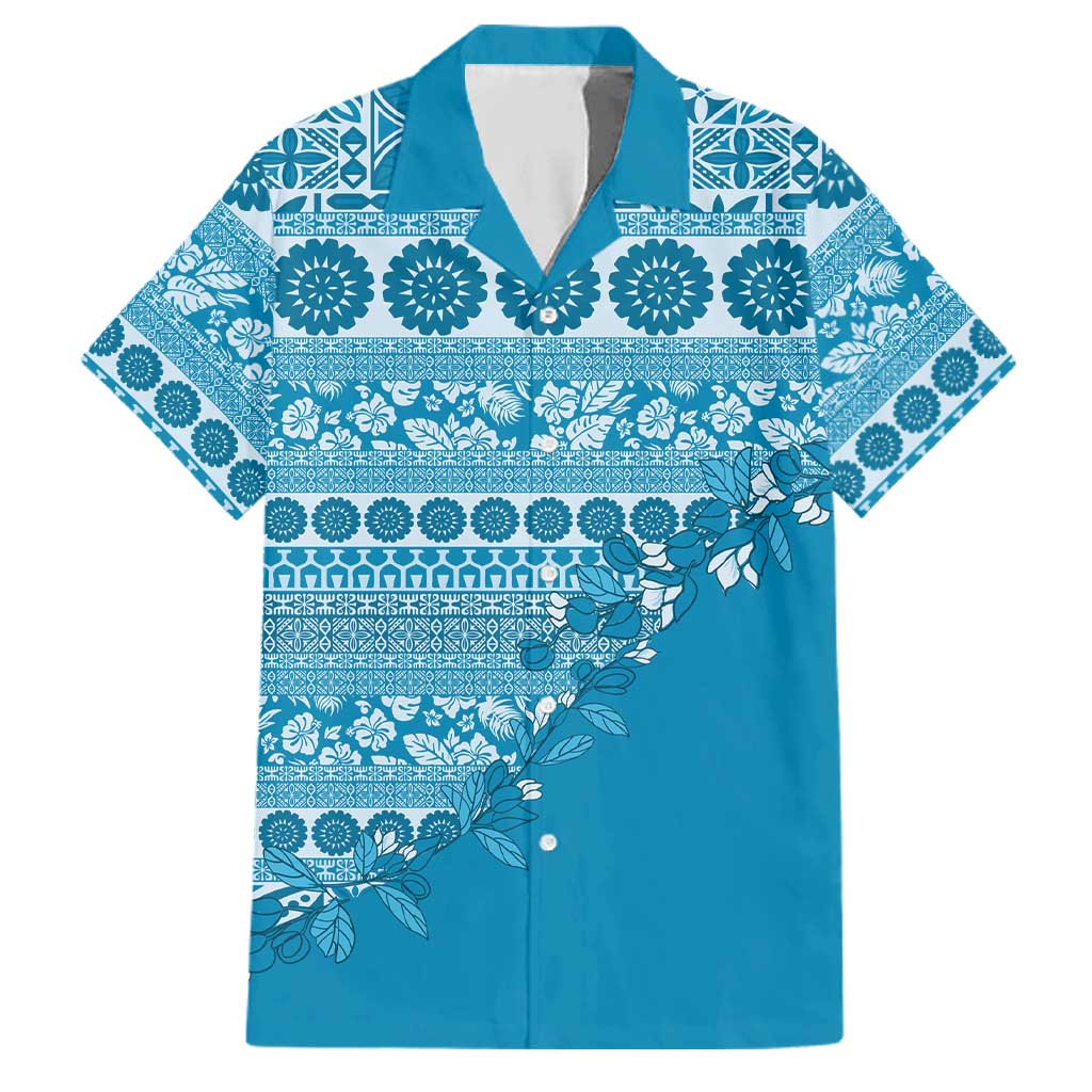 Fiji Marau na Kerisimasi Family Matching Off Shoulder Maxi Dress and Hawaiian Shirt Aqua Tagimoucia Tapa Masi Tribal LT9 Dad's Shirt - Short Sleeve Aqua - Polynesian Pride