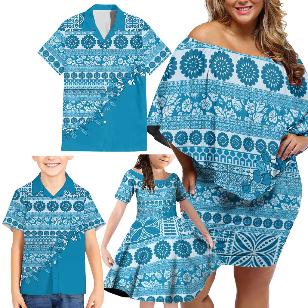 Fiji Marau na Kerisimasi Family Matching Off Shoulder Short Dress and Hawaiian Shirt Aqua Tagimoucia Tapa Masi Tribal - Polynesian Pride