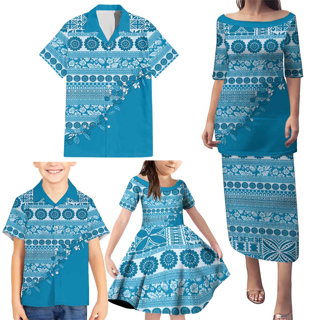 Fiji Marau na Kerisimasi Family Matching Puletasi and Hawaiian Shirt Aqua Tagimoucia Tapa Masi Tribal LT9 - Polynesian Pride