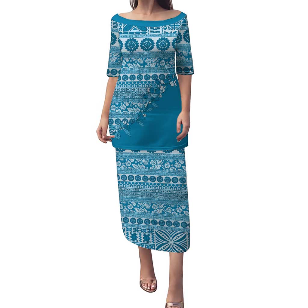 Fiji Marau na Kerisimasi Family Matching Puletasi and Hawaiian Shirt Aqua Tagimoucia Tapa Masi Tribal LT9 Mom's Dress Aqua - Polynesian Pride