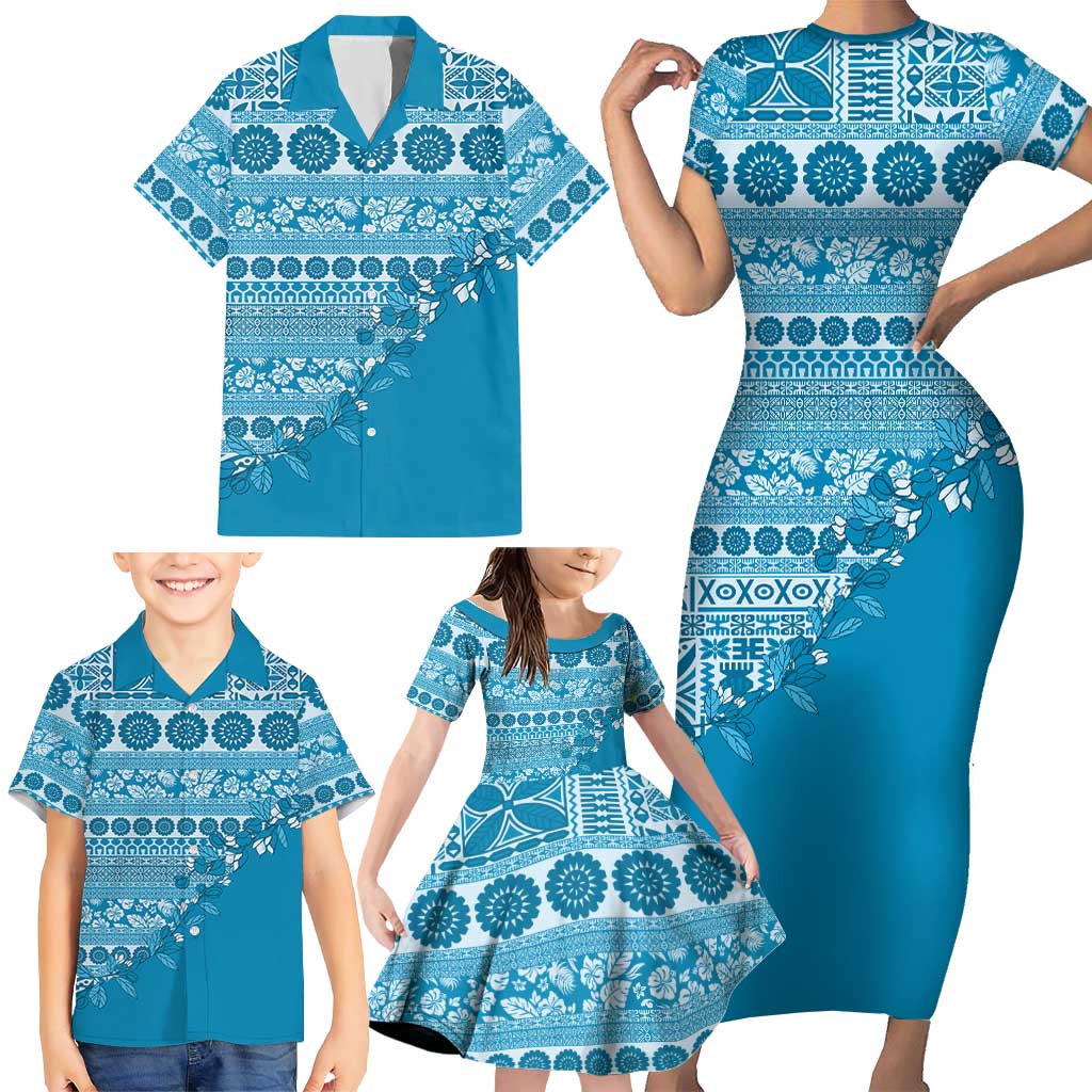 Fiji Marau na Kerisimasi Family Matching Short Sleeve Bodycon Dress and Hawaiian Shirt Aqua Tagimoucia Tapa Masi Tribal - Polynesian Pride