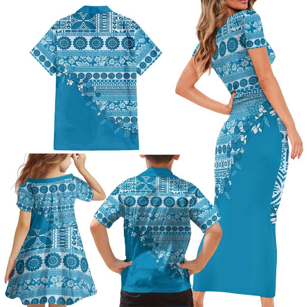 Fiji Marau na Kerisimasi Family Matching Short Sleeve Bodycon Dress and Hawaiian Shirt Aqua Tagimoucia Tapa Masi Tribal LT9 - Polynesian Pride