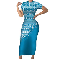 Fiji Marau na Kerisimasi Family Matching Short Sleeve Bodycon Dress and Hawaiian Shirt Aqua Tagimoucia Tapa Masi Tribal LT9 Mom's Dress Aqua - Polynesian Pride