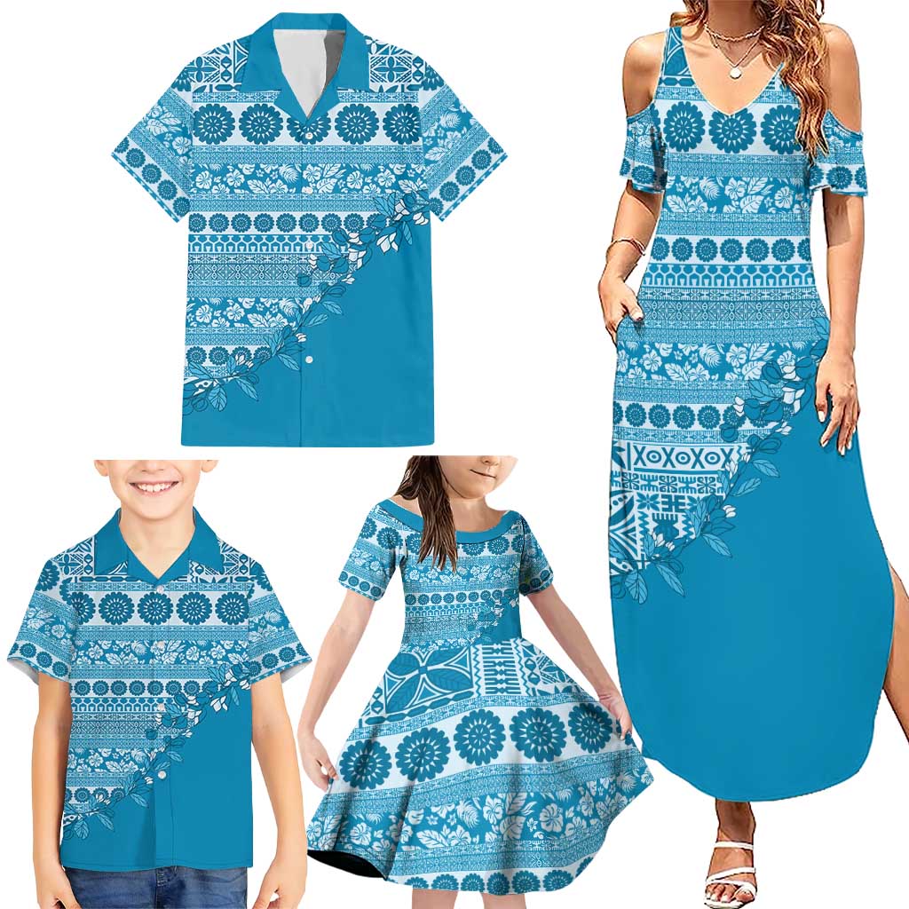 Fiji Marau na Kerisimasi Family Matching Summer Maxi Dress and Hawaiian Shirt Aqua Tagimoucia Tapa Masi Tribal - Polynesian Pride