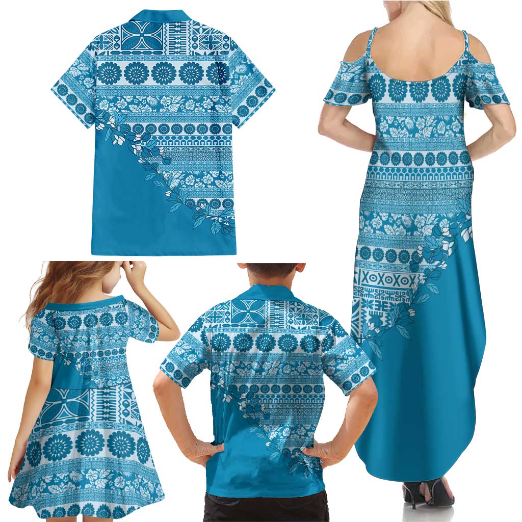 Fiji Marau na Kerisimasi Family Matching Summer Maxi Dress and Hawaiian Shirt Aqua Tagimoucia Tapa Masi Tribal LT9 - Polynesian Pride