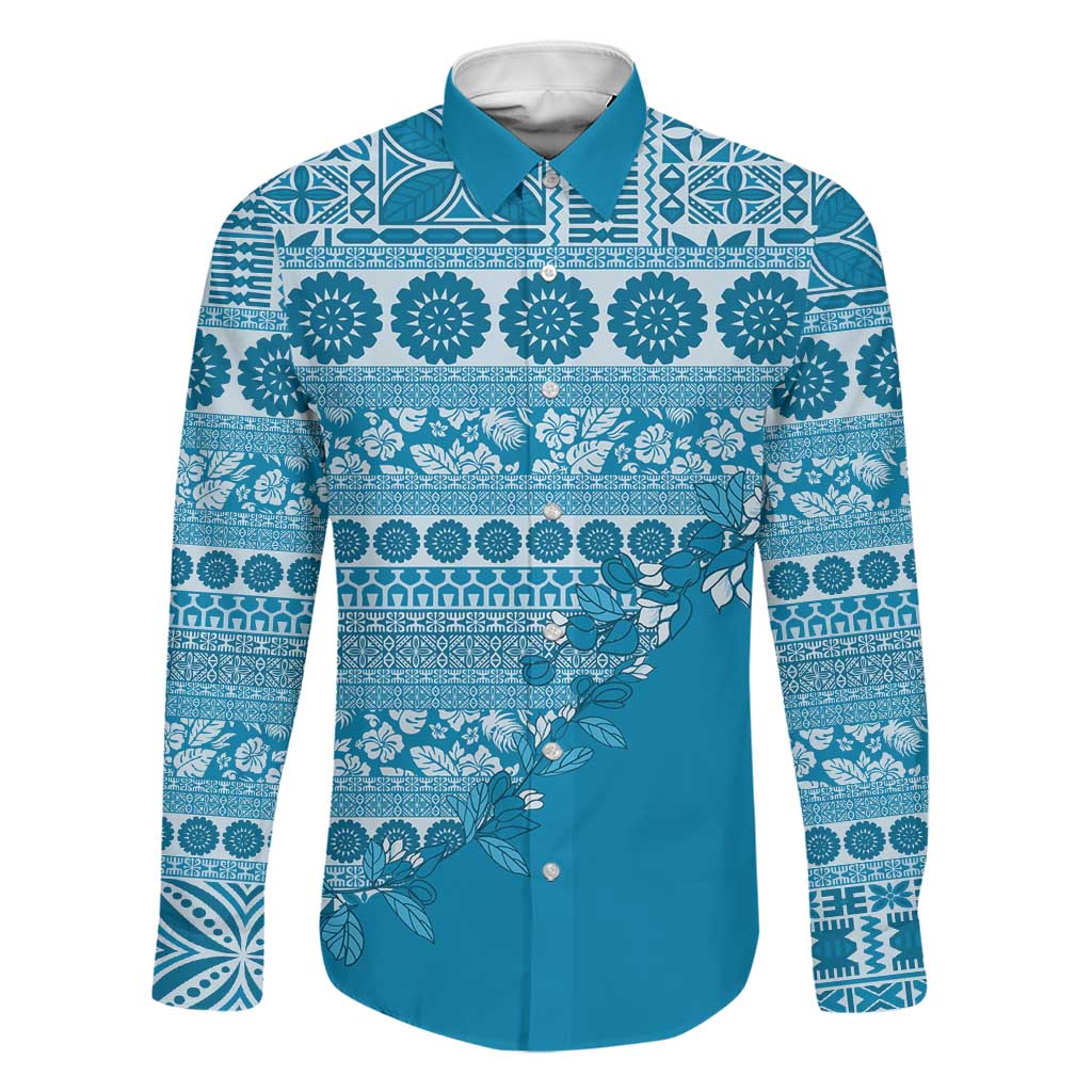 Fiji Marau na Kerisimasi Family Matching Tank Maxi Dress and Hawaiian Shirt Aqua Tagimoucia Tapa Masi Tribal LT9 Dad's Shirt - Long Sleeve Aqua - Polynesian Pride
