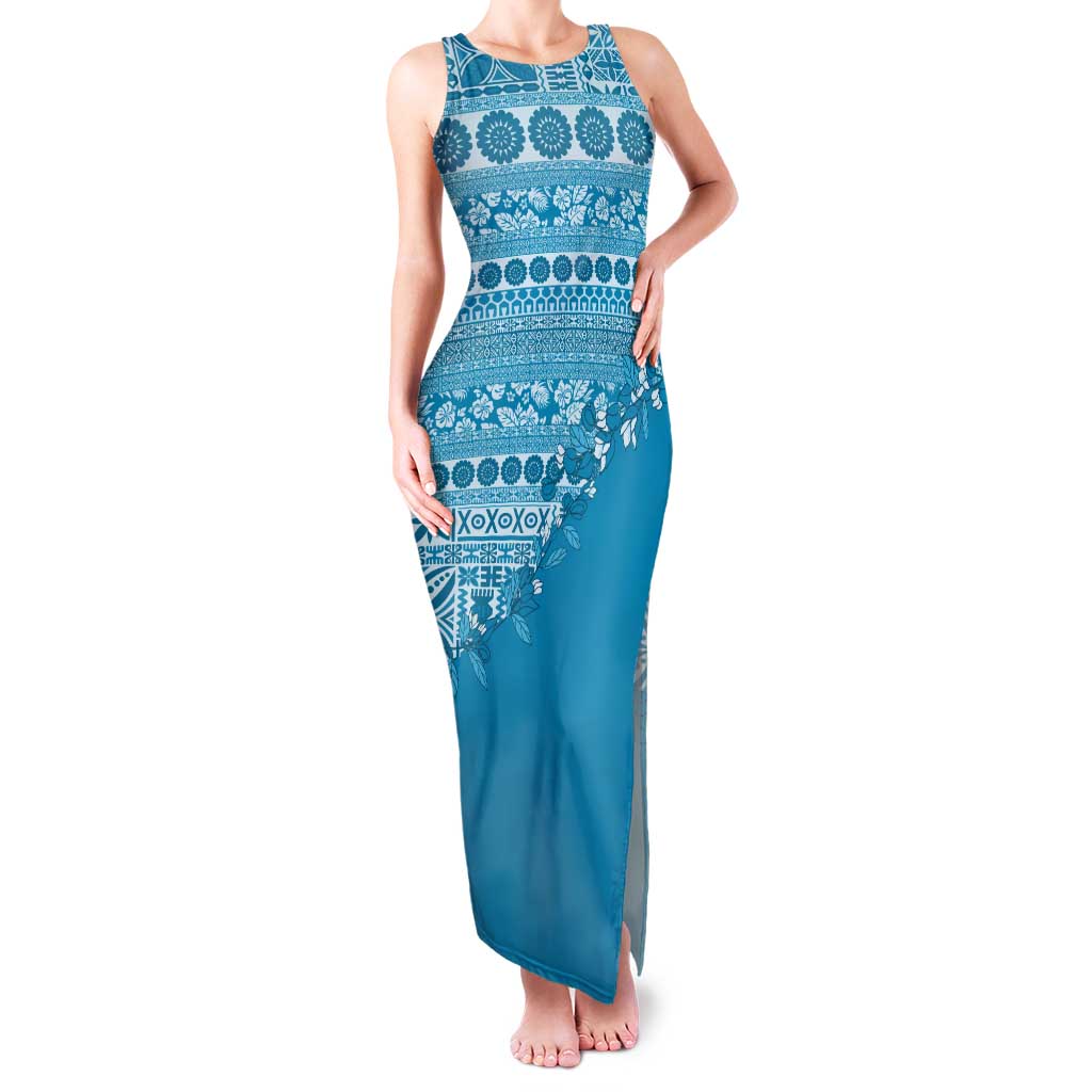 Fiji Marau na Kerisimasi Family Matching Tank Maxi Dress and Hawaiian Shirt Aqua Tagimoucia Tapa Masi Tribal LT9 Mom's Dress Aqua - Polynesian Pride