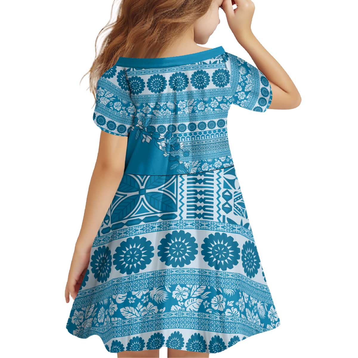 Fiji Marau na Kerisimasi Kid Short Sleeve Dress Aqua Tagimoucia Tapa Masi Tribal - Polynesian Pride