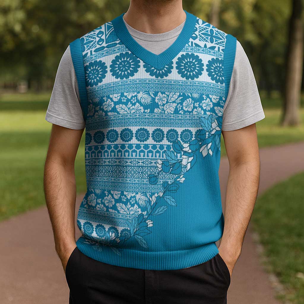 Fiji Marau na Kerisimasi Christmas Knitted V-Neck Vest Aqua Tagimoucia Tapa Masi Tribal LT9 - Polynesian Pride
