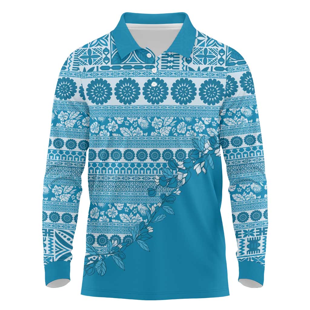 Fiji Marau na Kerisimasi Long Sleeve Polo Shirt Aqua Tagimoucia Tapa Masi Tribal LT9 Aqua - Polynesian Pride