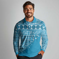 Fiji Marau na Kerisimasi Long Sleeve Polo Shirt Aqua Tagimoucia Tapa Masi Tribal LT9 - Polynesian Pride