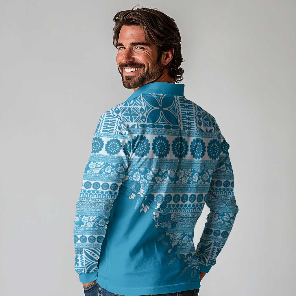 Fiji Marau na Kerisimasi Long Sleeve Polo Shirt Aqua Tagimoucia Tapa Masi Tribal LT9 - Polynesian Pride