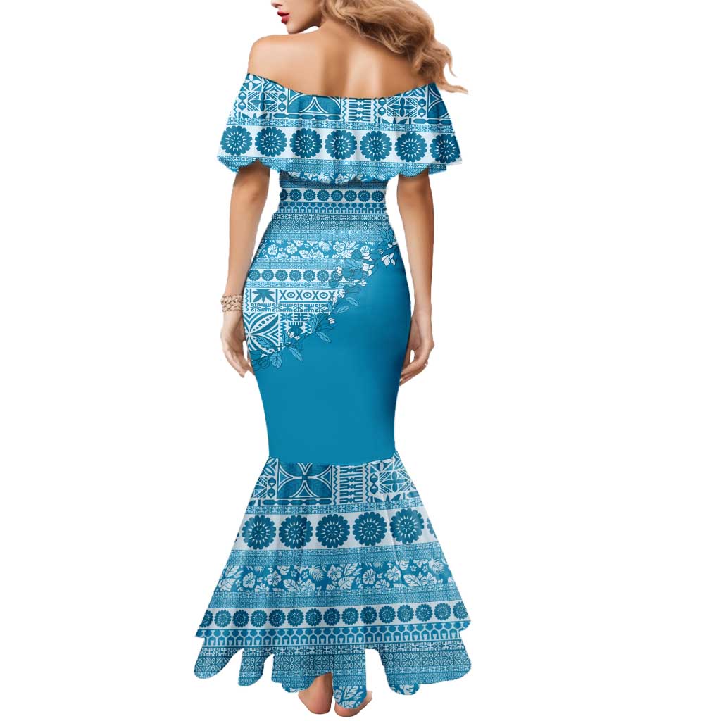 Fiji Marau na Kerisimasi Mermaid Dress Aqua Tagimoucia Tapa Masi Tribal LT9 - Polynesian Pride