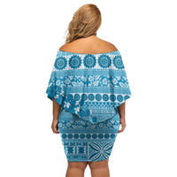 Fiji Marau na Kerisimasi Off Shoulder Short Dress Aqua Tagimoucia Tapa Masi Tribal - Polynesian Pride