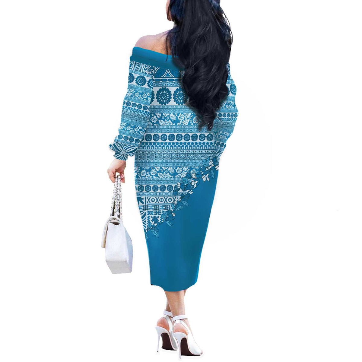 Fiji Marau na Kerisimasi Off The Shoulder Long Sleeve Dress Aqua Tagimoucia Tapa Masi Tribal LT9 - Polynesian Pride